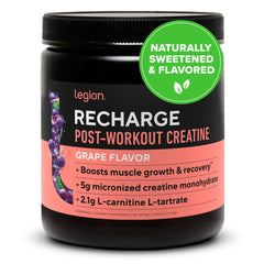 LEGION Recharge grape powder jar showing post-workout recovery with natural ingredients