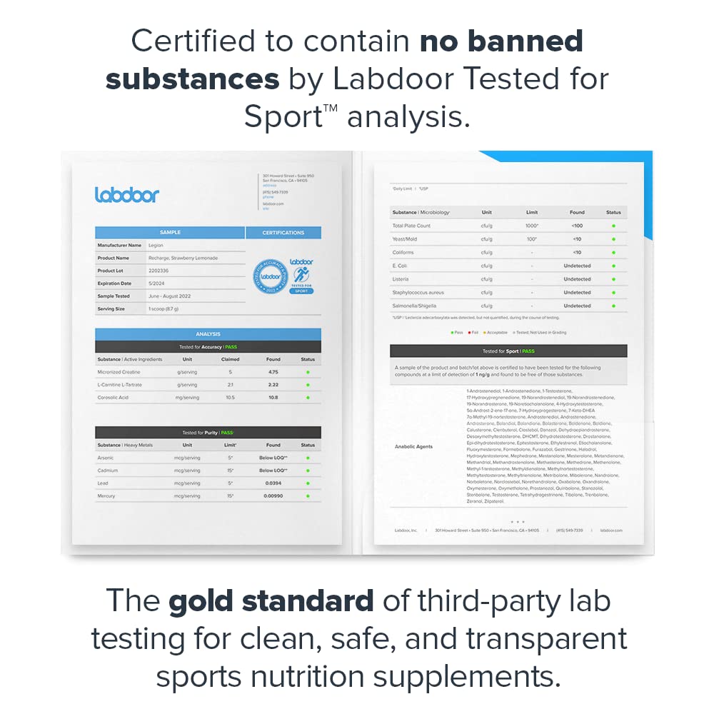 LEGION Recharge lab-purity label indicates clean formulation and safety standards.