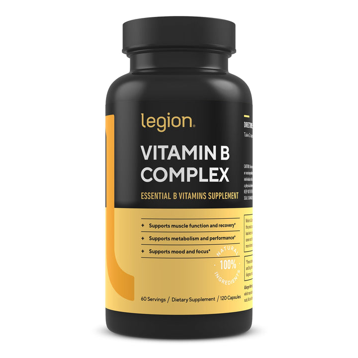 LEGION Vitamin B-Complex bottle emphasizes energy metabolism for daily wellness.