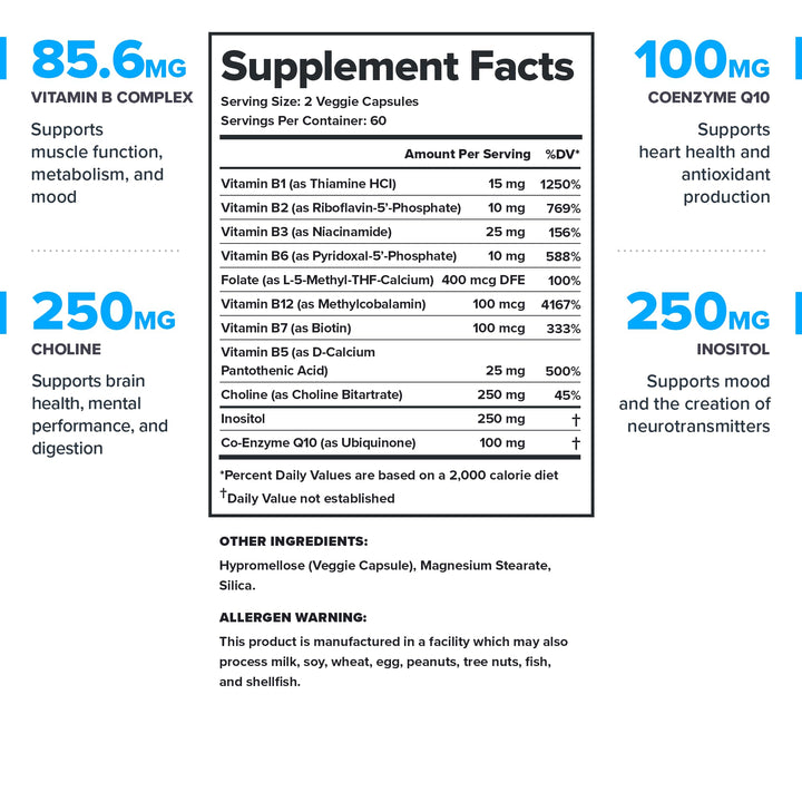 LEGION Vitamin B-Complex capsules showcase the balance of B vitamins for muscle support.