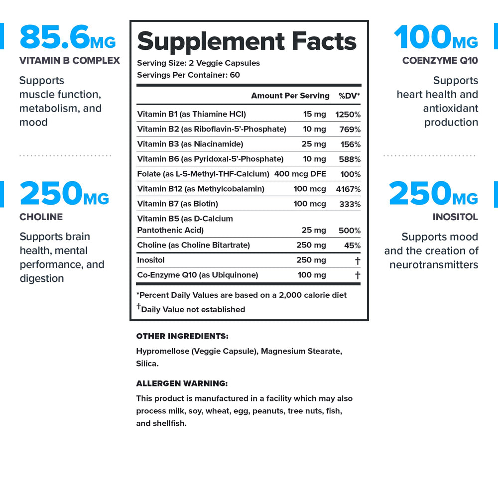LEGION Vitamin B-Complex capsules showcase the balance of B vitamins for muscle support.