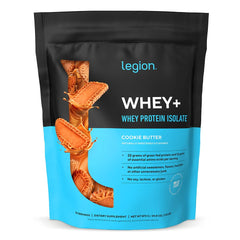 LEGION Whey+ Cookie Butter powder tub showing high-protein, low-calorie dairy protein