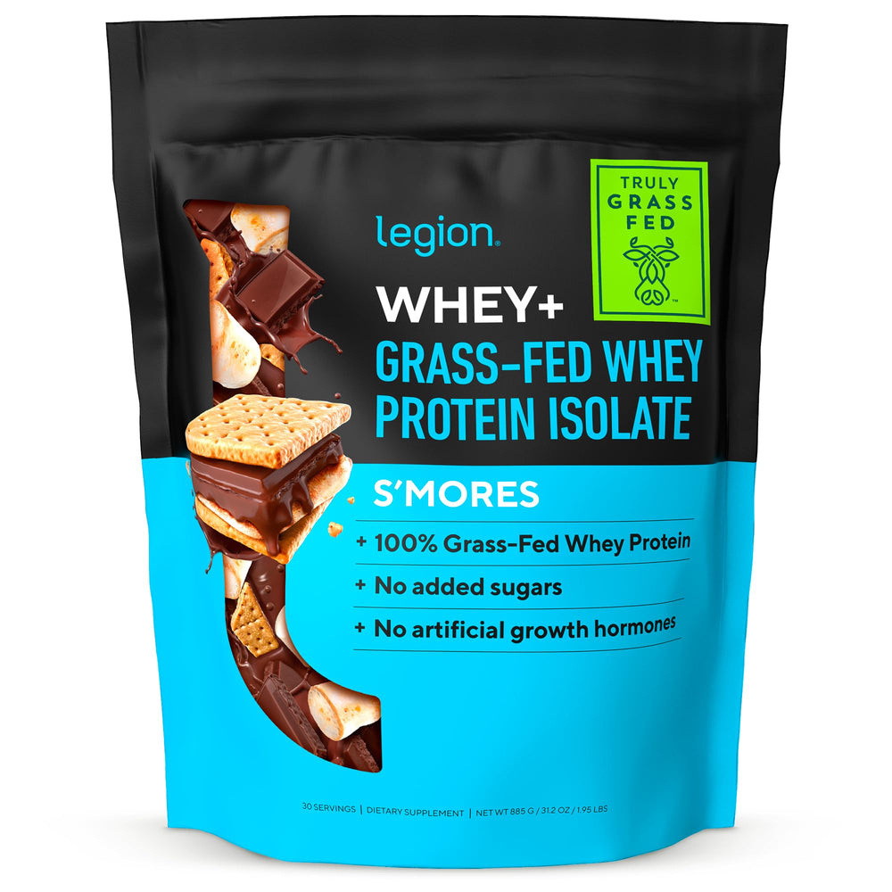 LEGION Whey+ bag front highlighting grass-fed whey protein for clean, premium nutrition.