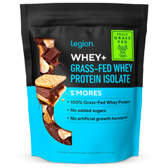 LEGION Whey+ bag front highlighting grass-fed whey protein for clean, premium nutrition.