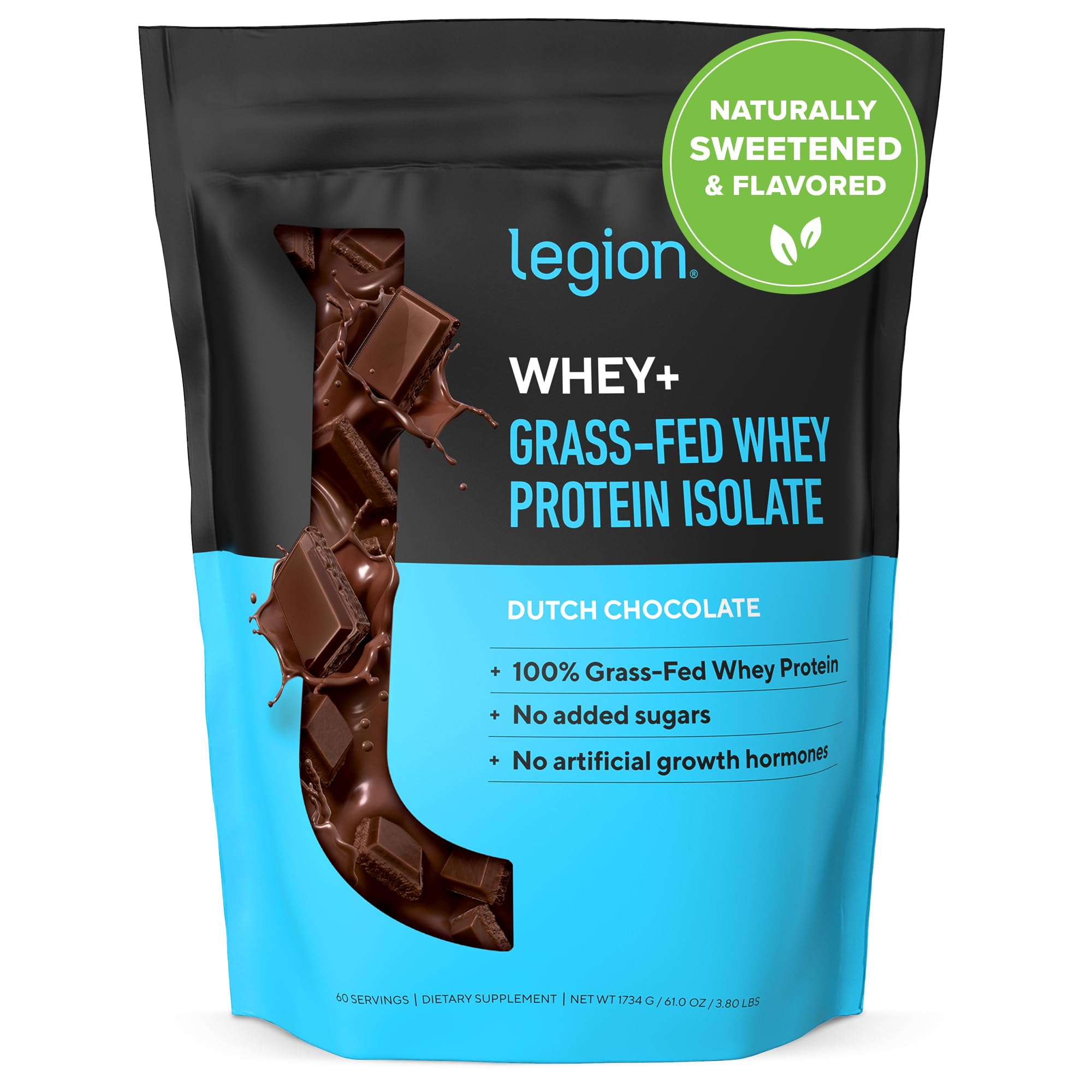 LEGION Whey+ bag open showing powder; clean protein source from grass-fed cows for easy digestion.