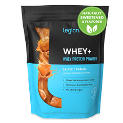 LEGION Whey+ bottle showcasing grass-fed protein for clean nutrition.