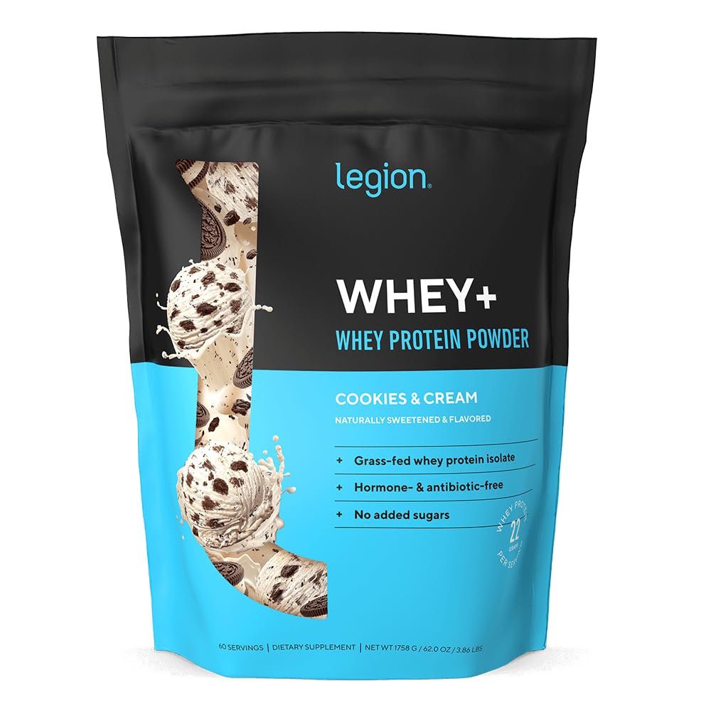 LEGION Whey+ grass-fed milk bottle, natural protein source for workouts.