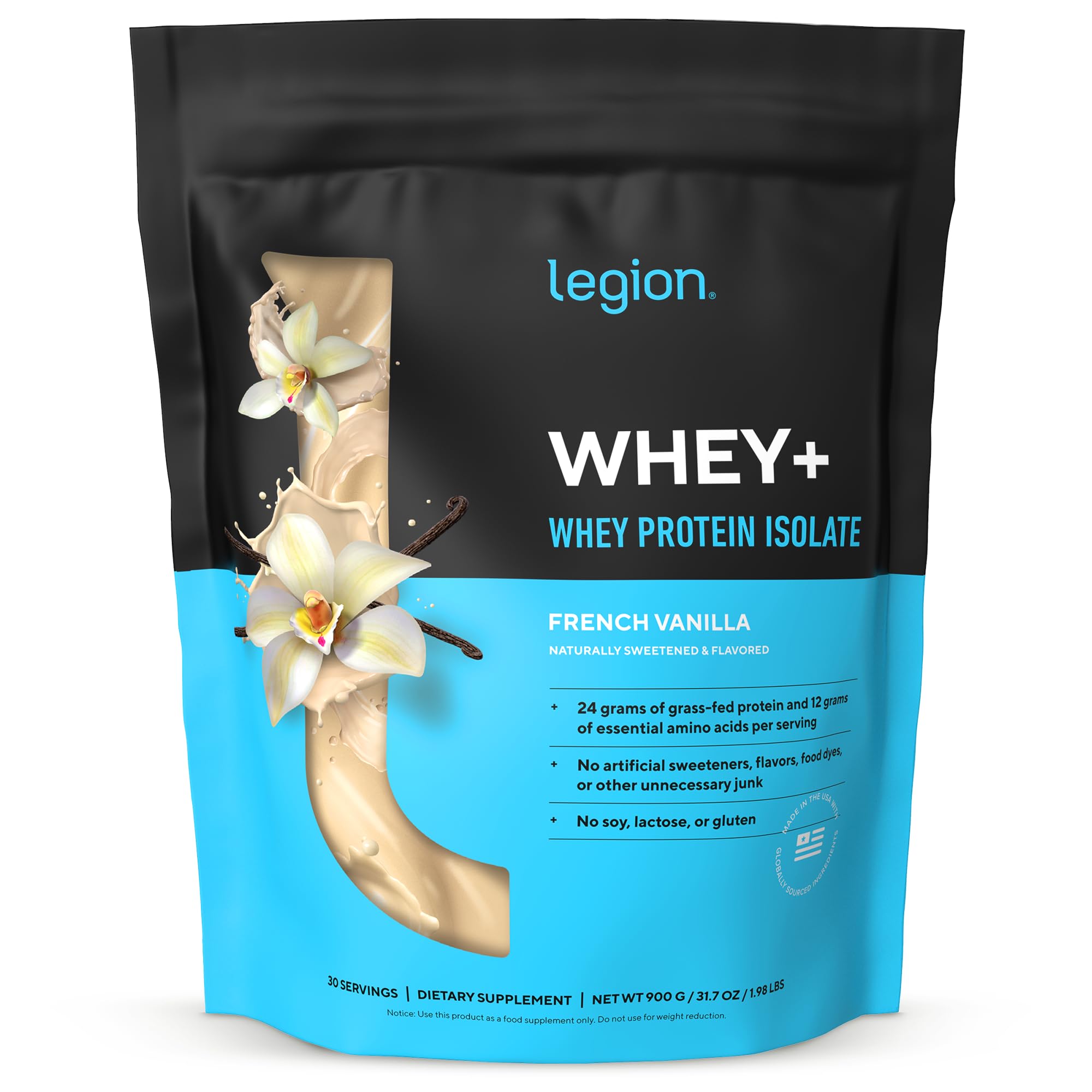 LEGION Whey+ grass-fed milk bottle emphasizes natural source for high‑quality protein.