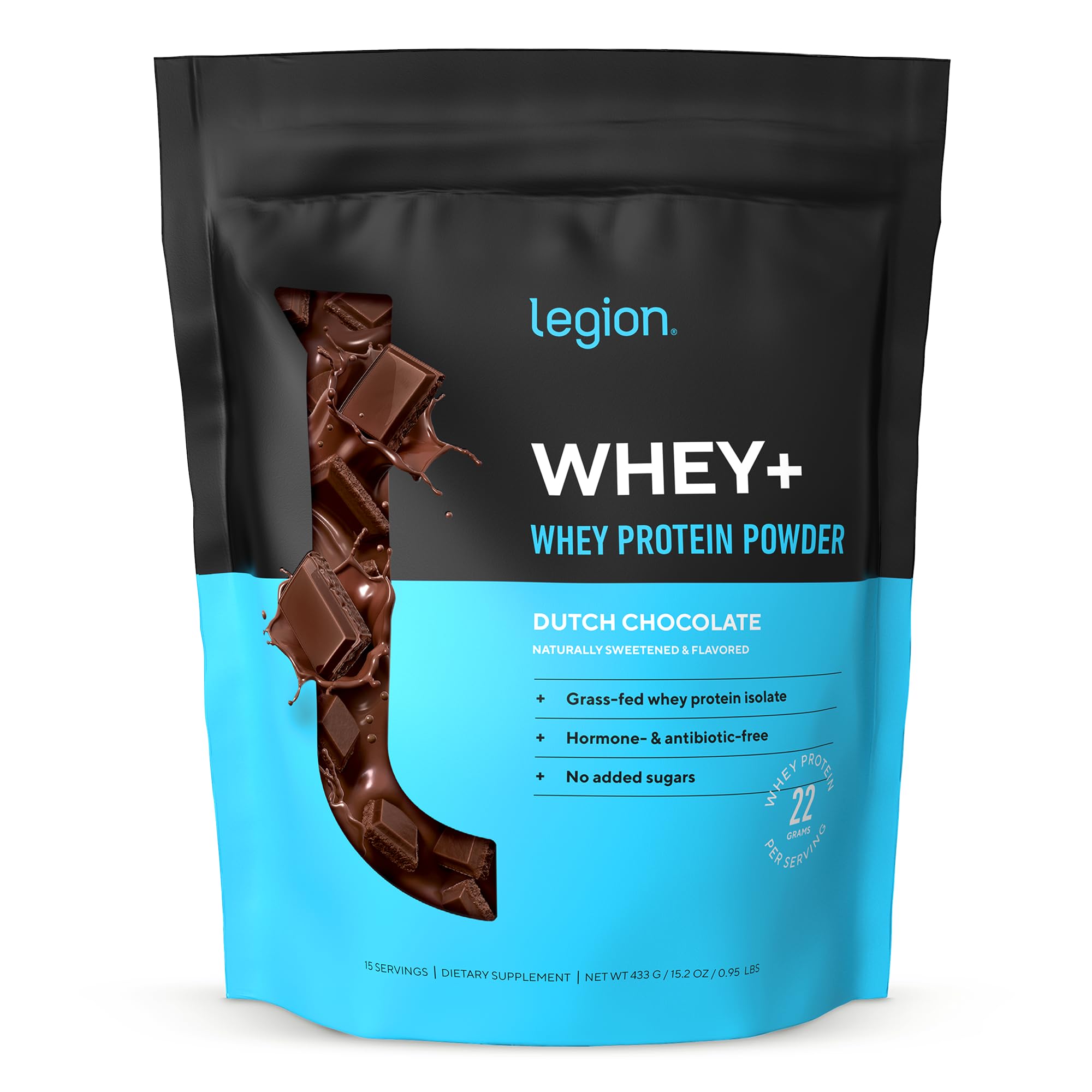 LEGION Whey+ packaging highlights grass-fed protein and a clean ingredient list.