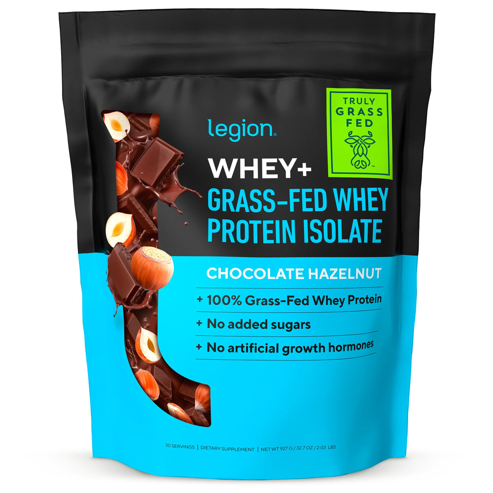 LEGION Whey+ protein isolate bottle highlighting grass-fed formula for lean gains.