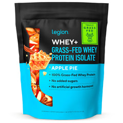 LEGION Whey+ tub with grass-fed milk backdrop highlights clean sourcing