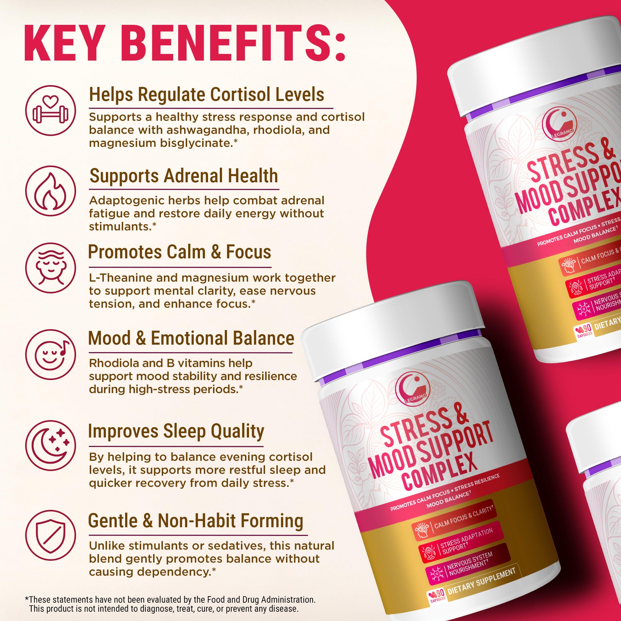 LEGRANO Ashwagandha label close‑up showcasing adaptogen blend for calm mood.