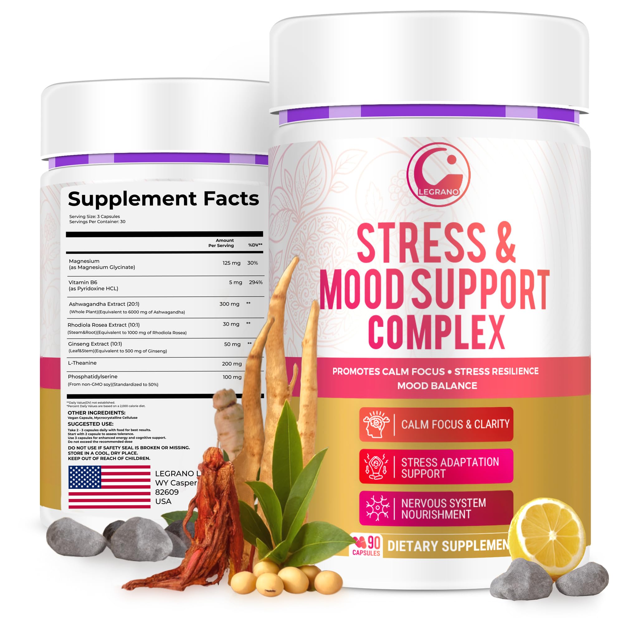 LEGRANO Cortisol Manager bottle front view for adrenal balance support.