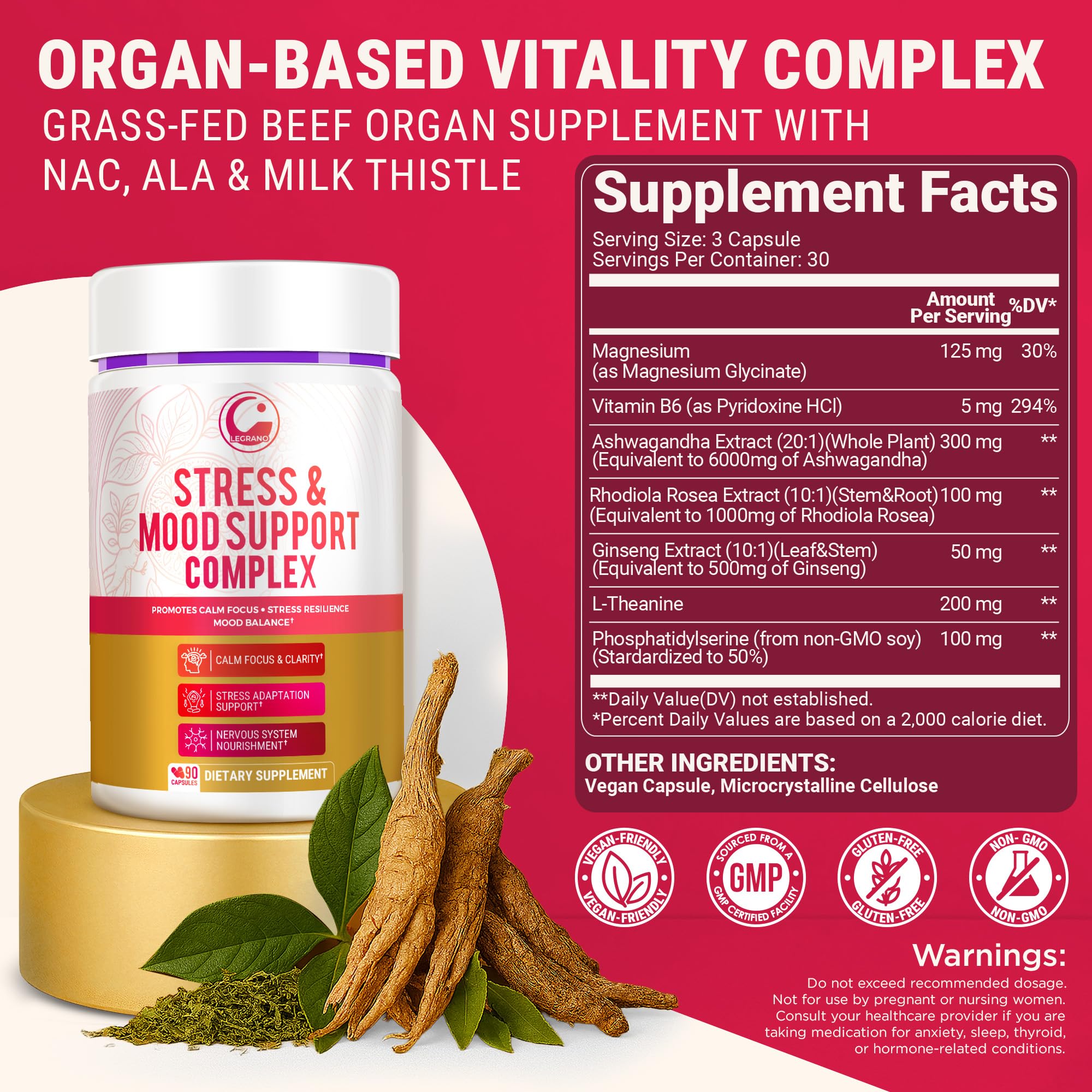 LEGRANO capsules close‑up highlighting vegan formula for on‑the‑go stress management.