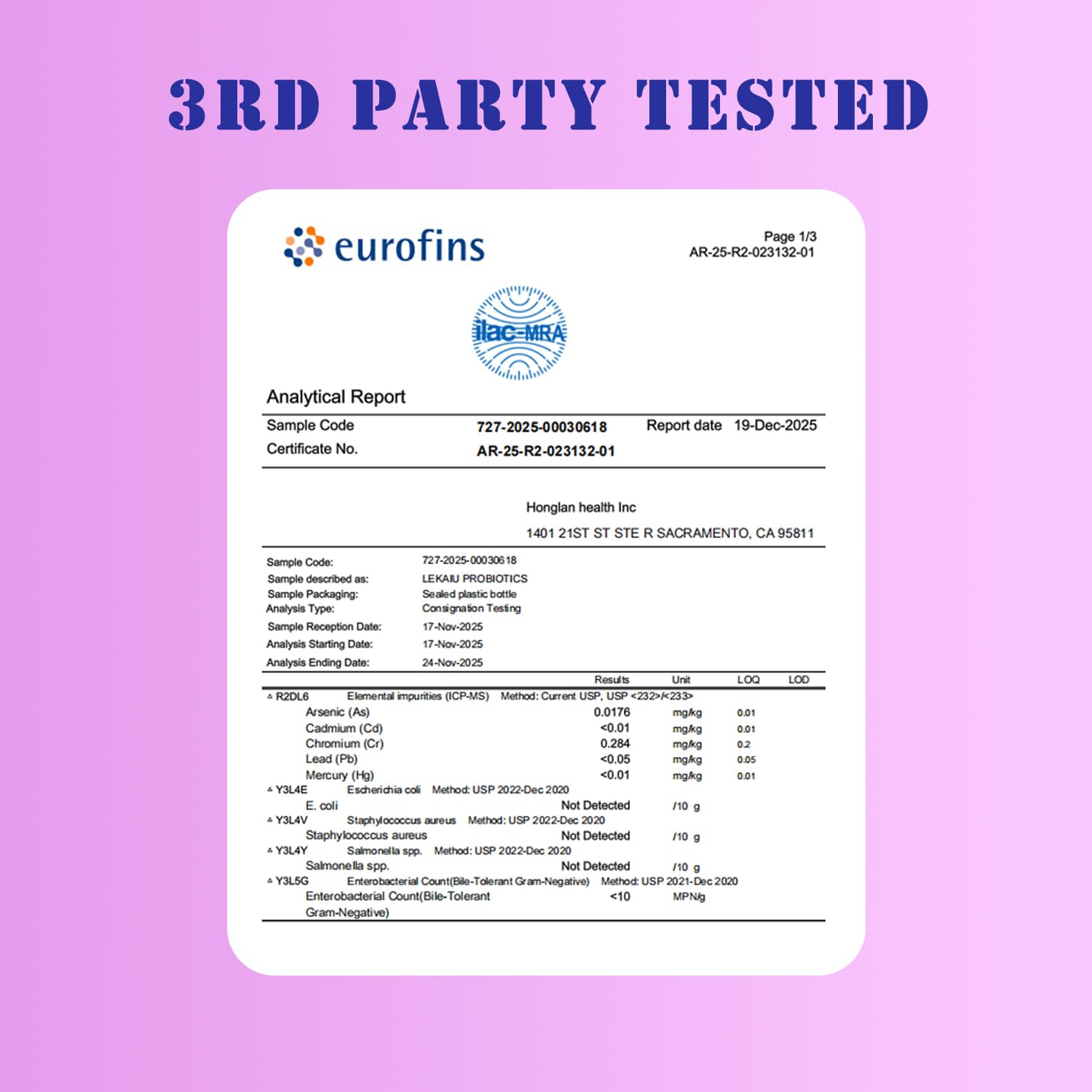 LEKAIU lab seal and third-party testing badge.