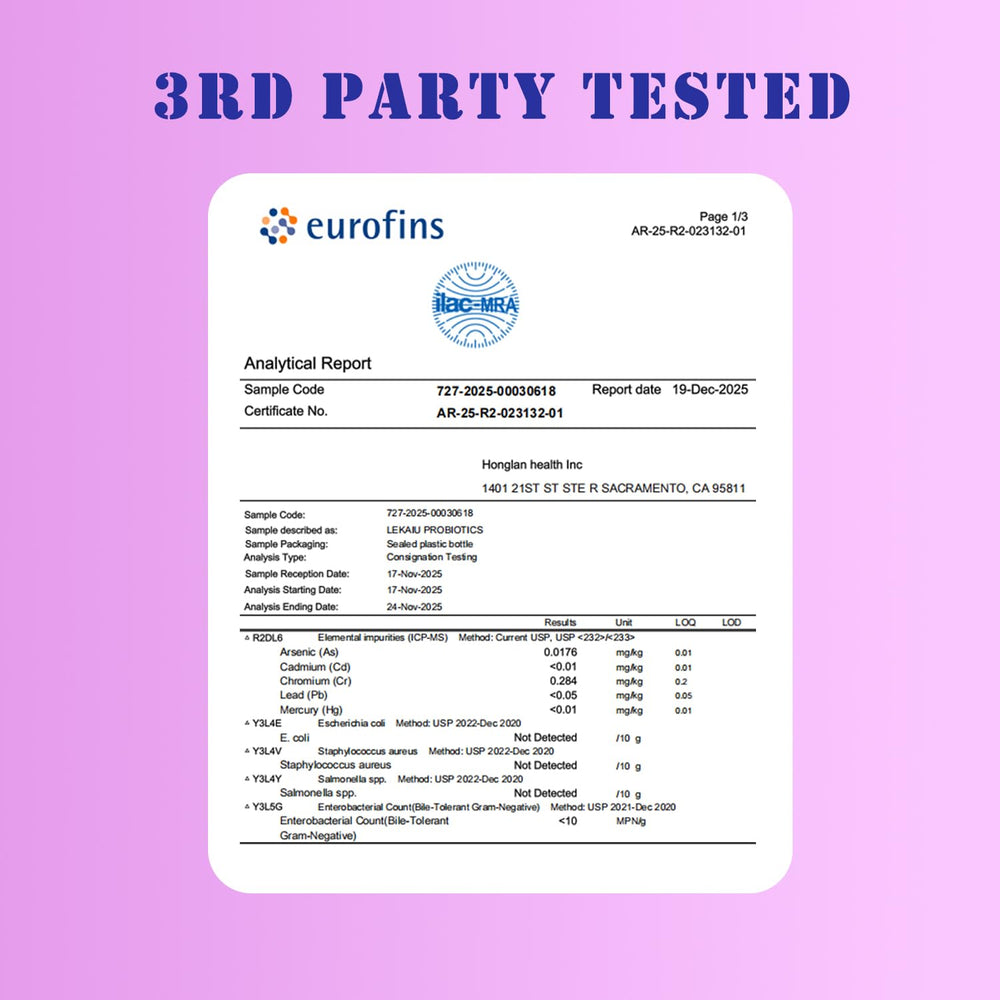 LEKAIU lab seal and third-party testing badge.