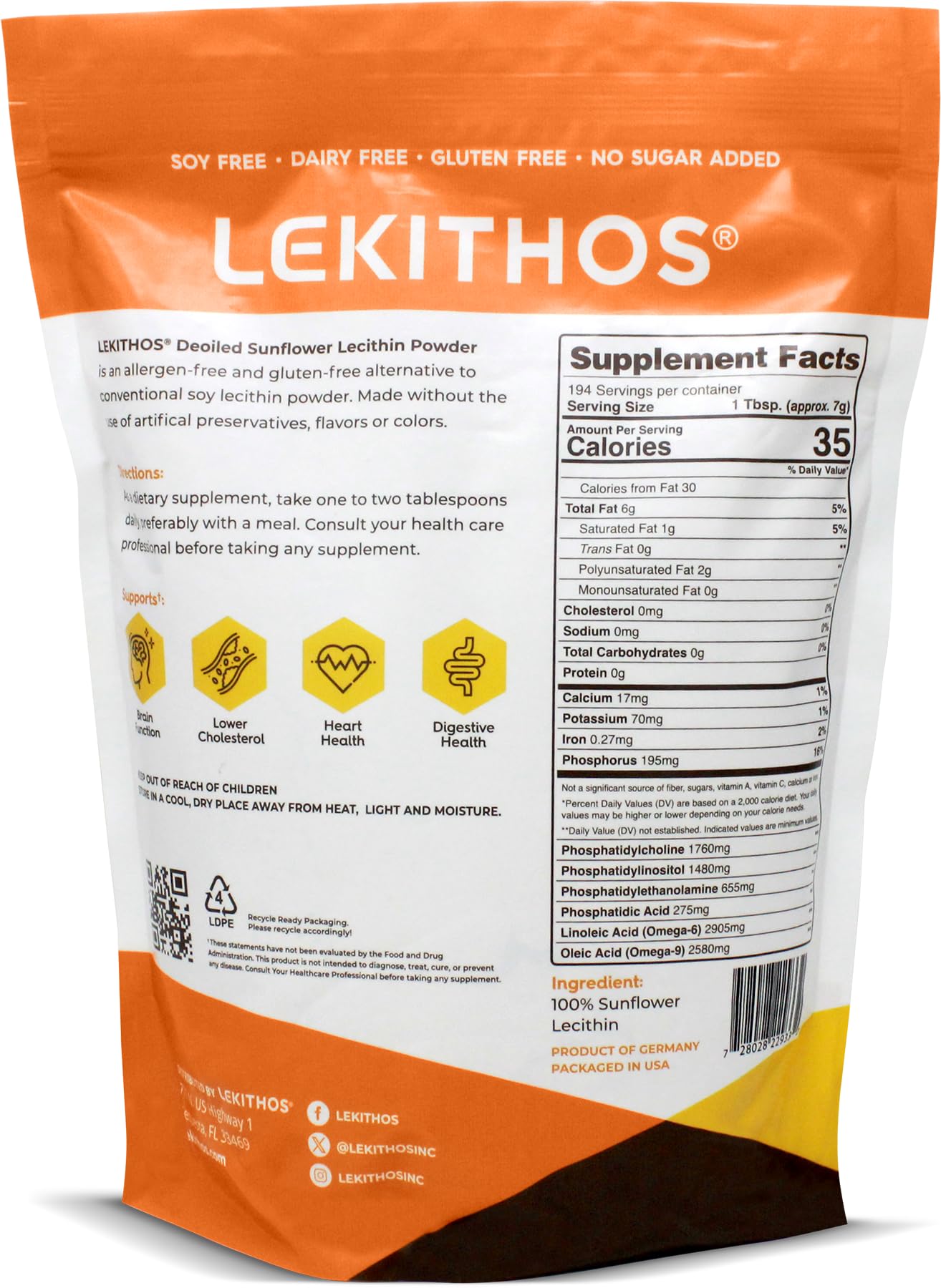Lekithos Lecithin powder scoop highlights easy portioning for gummies and recipes.