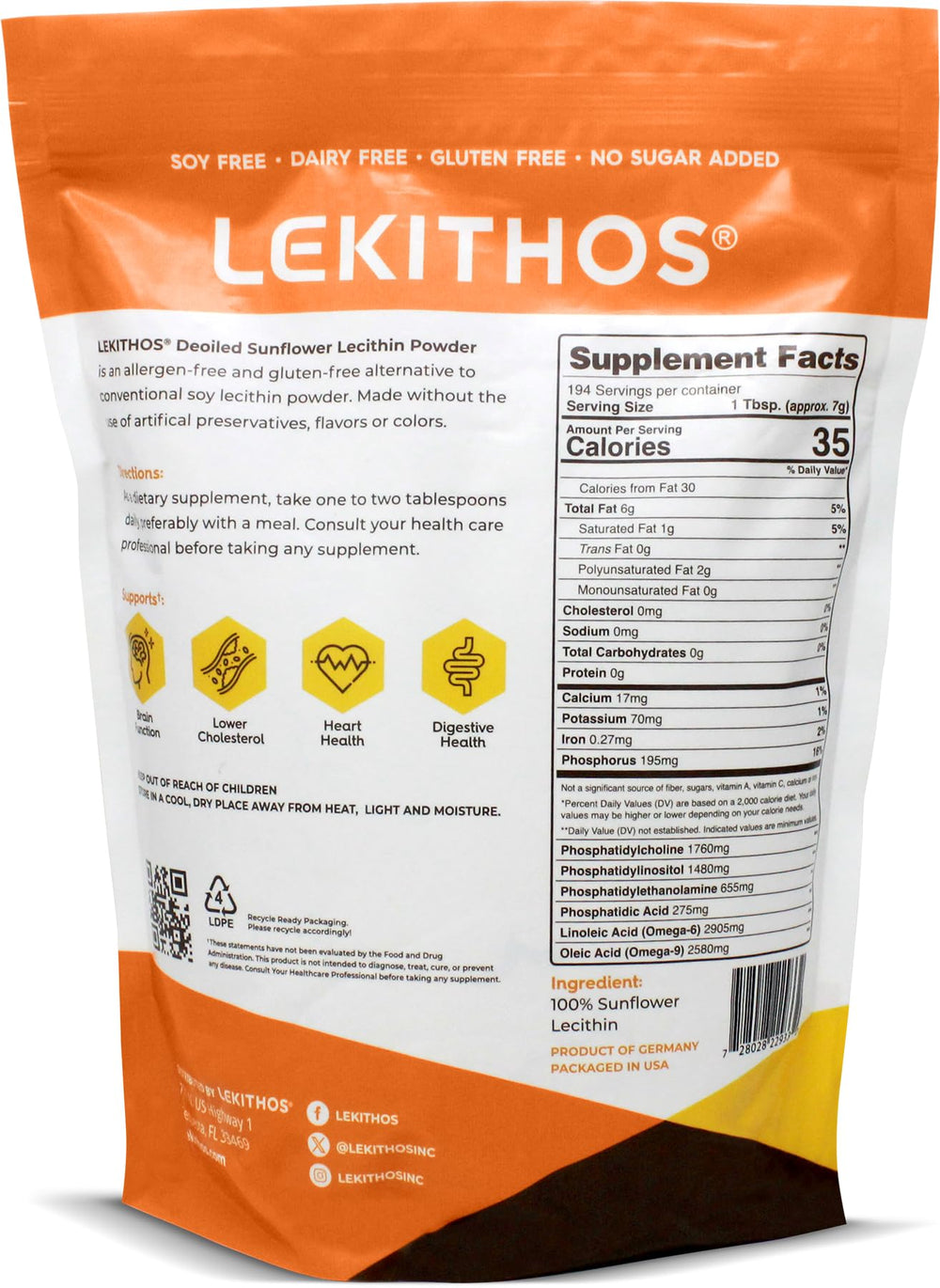 Lekithos Lecithin powder scoop highlights easy portioning for gummies and recipes.