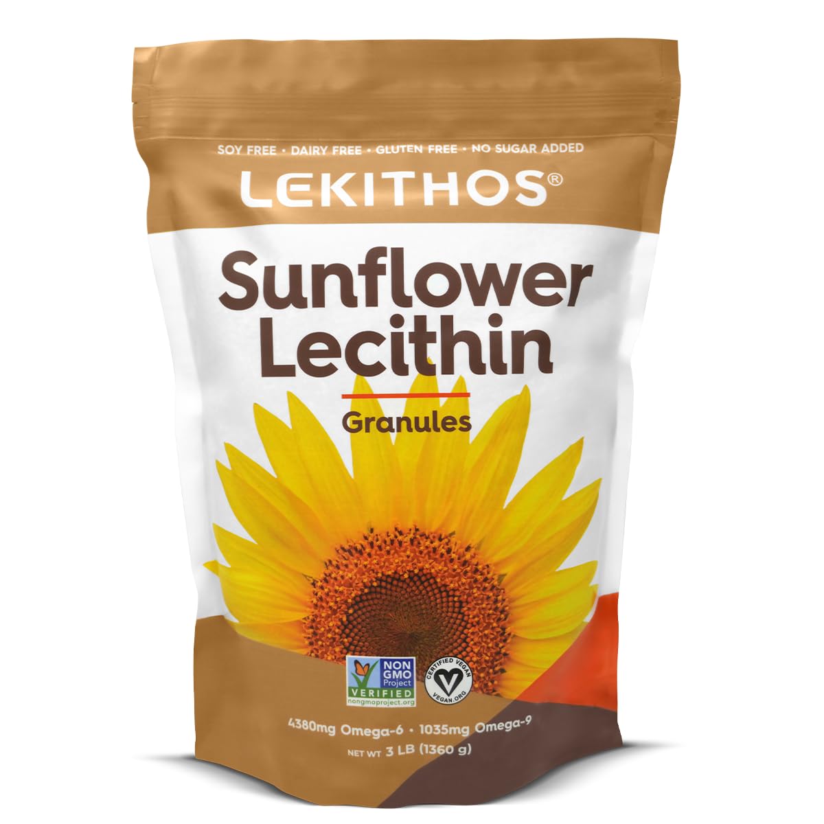 Lekithos sunflower lecithin granules bottle—vegan, allergen-free supplement for everyday meals.