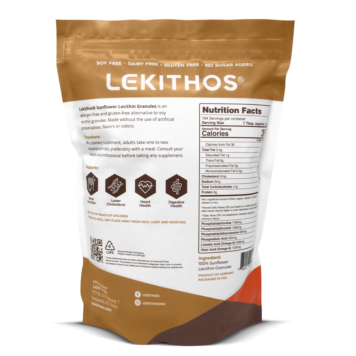 Lekithos sunflower lecithin granules pour—mixes easily into smoothies and recipes.