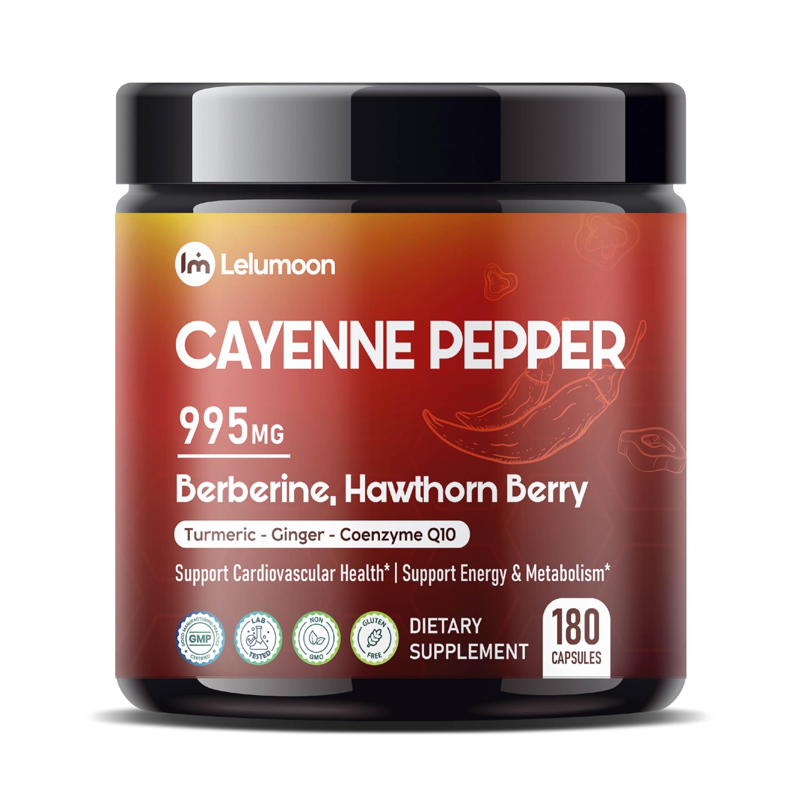 LELUMOON Premium Cayenne Pepper bottle shows heart support features.