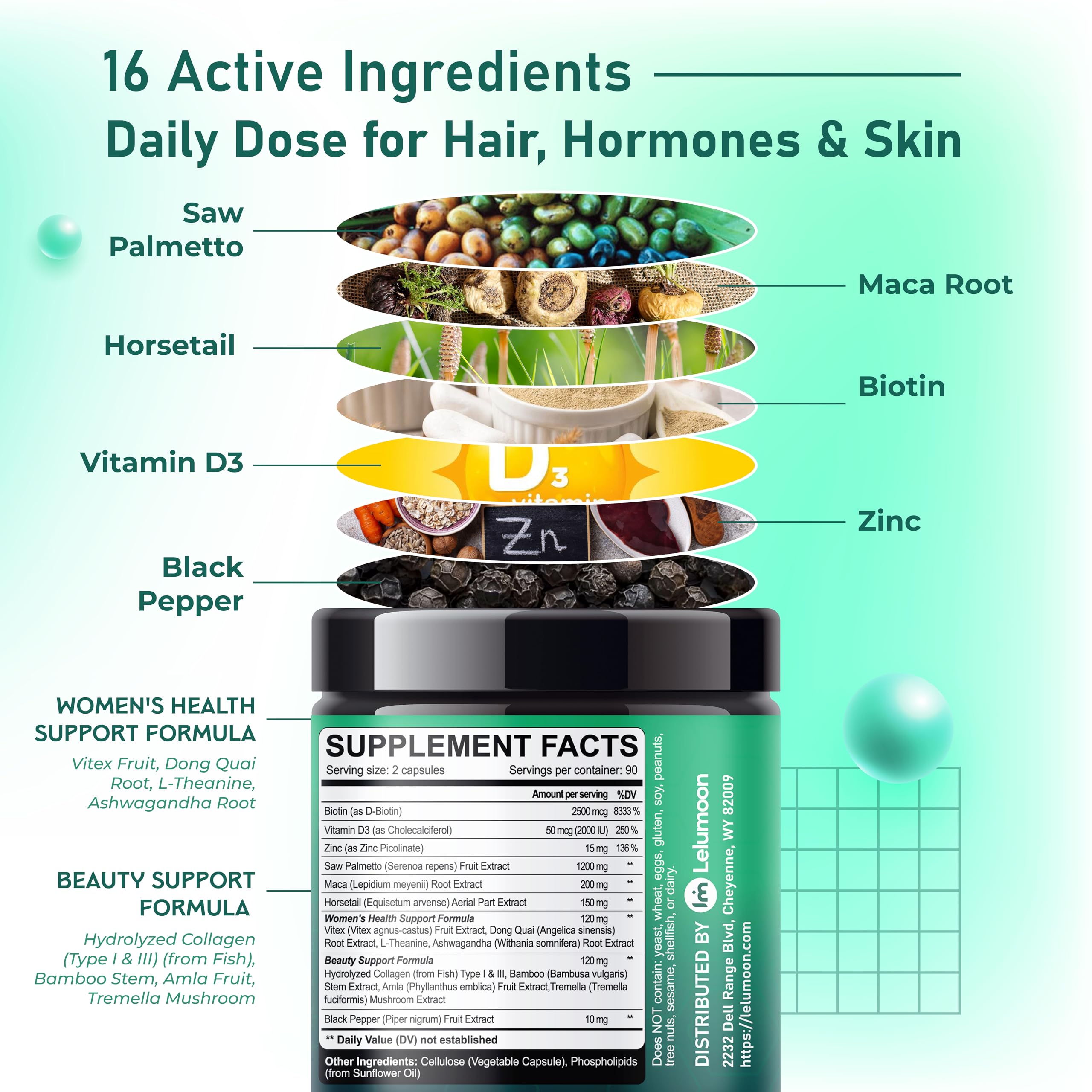 LELUMOON product label front communicates key ingredients and GMP-certified quality.