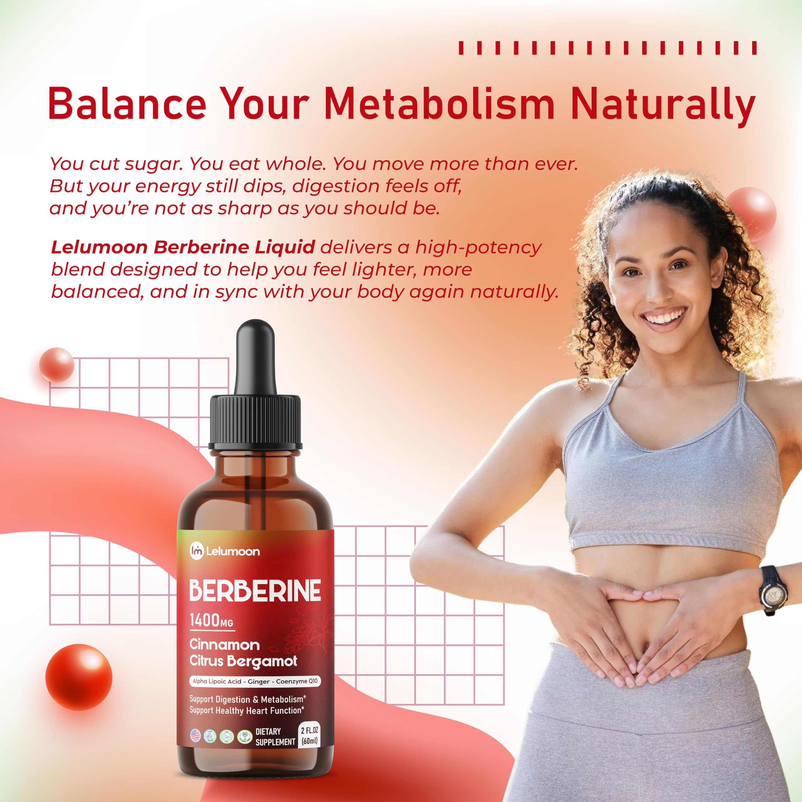 LELUMOON Ultra Berberine dropper dispensing a precise 1 mL dose for convenience.