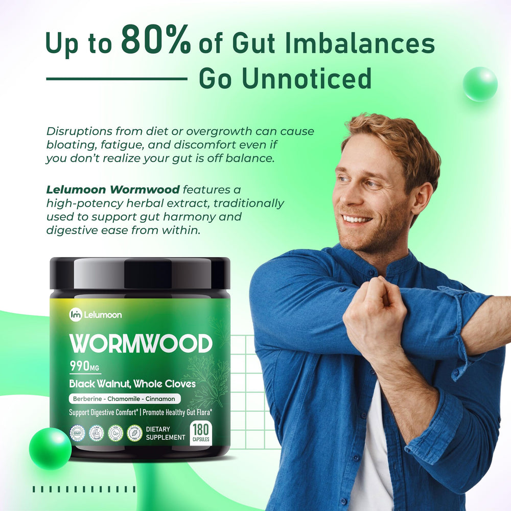 LELUMOON Wormwood capsules close-up showing natural ingredients.