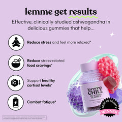 Lemme Chill gummies closeup with berry flavor and Ashwagandha for calm moments.