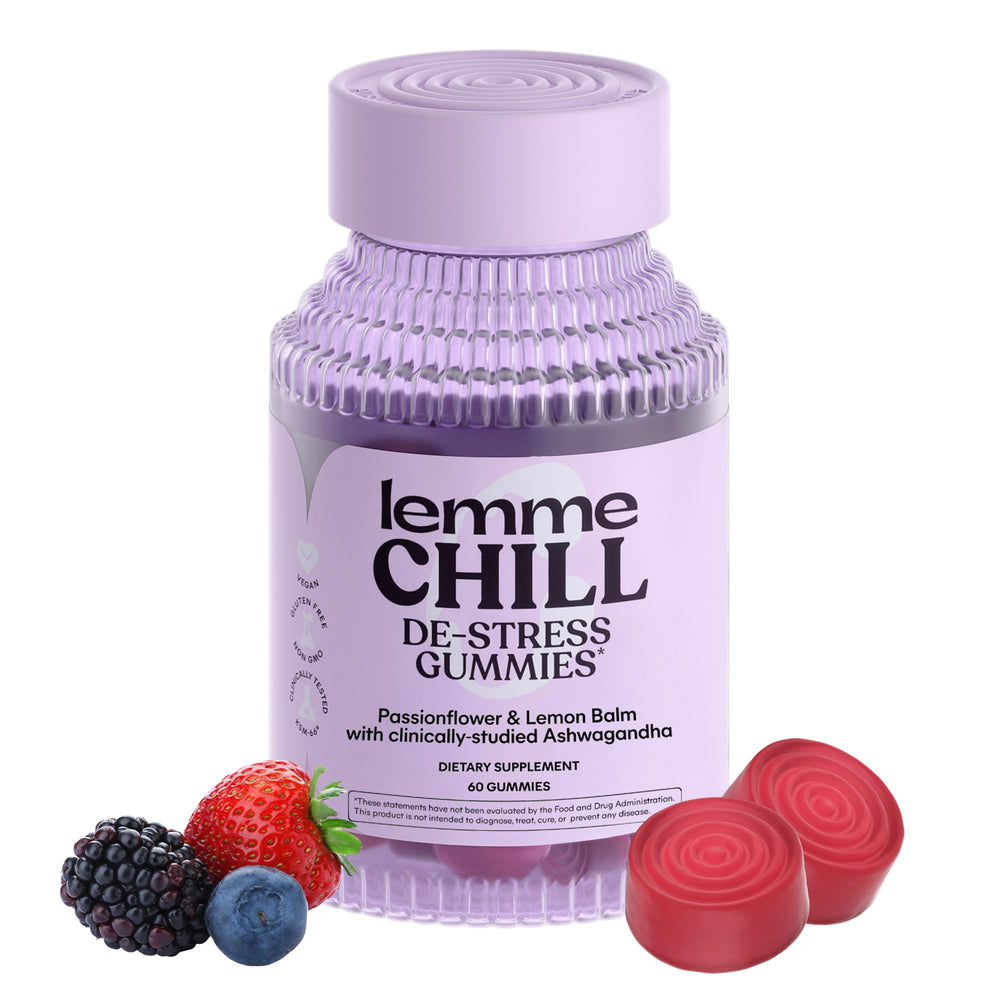 Lemme Chill bottle showing calming formulation for stress support and daily relaxation.