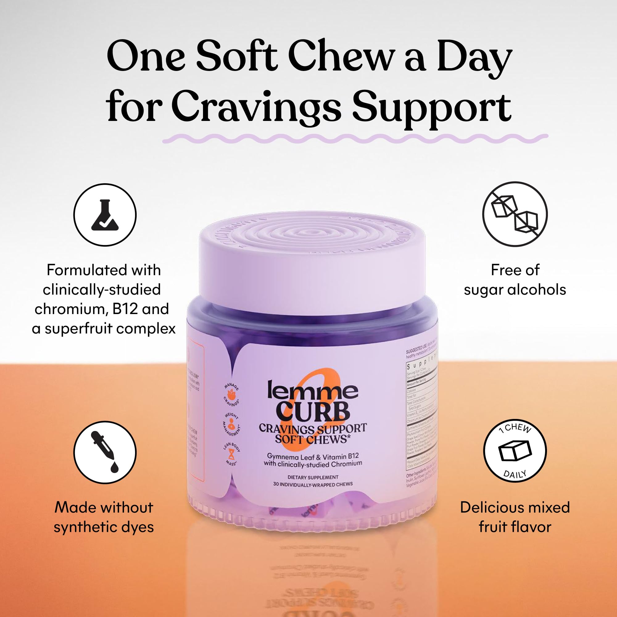 Lemme Curb Cravings front jar shows mixed berry flavor and convenient one-a-day dose.