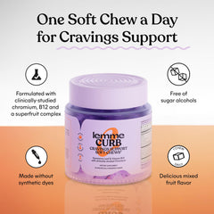 Lemme Curb Cravings front jar shows mixed berry flavor and convenient one-a-day dose.