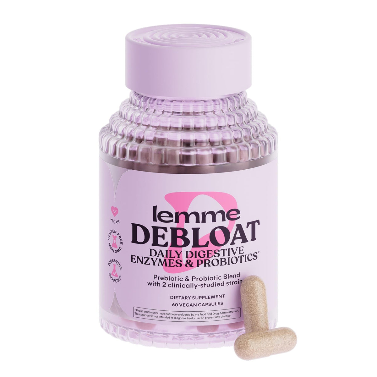 Lemme Debloat bottle front view for convenient daily gut support.