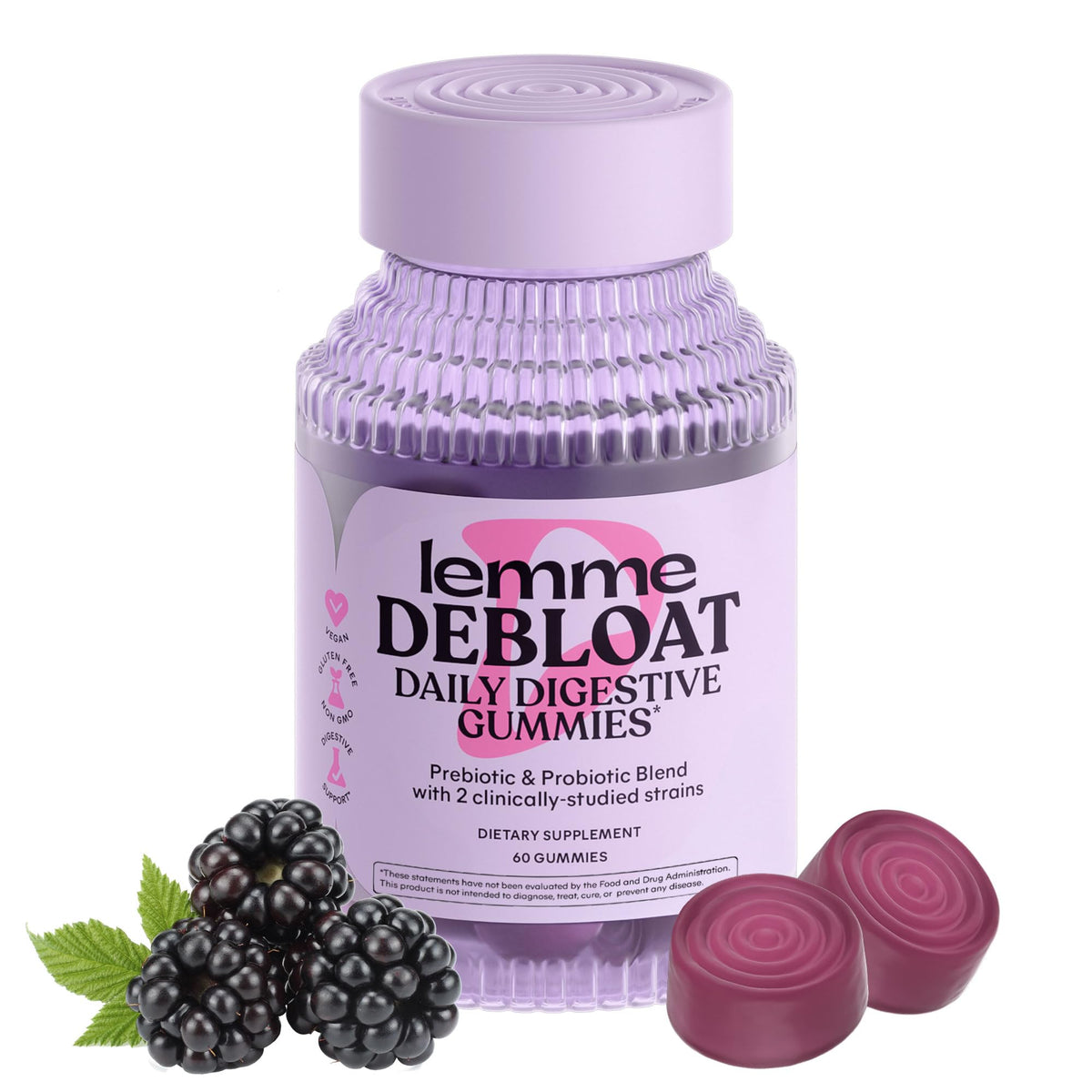 Lemme Debloat bottle showcasing vegetarian, gluten-free gummies for daily digestive comfort