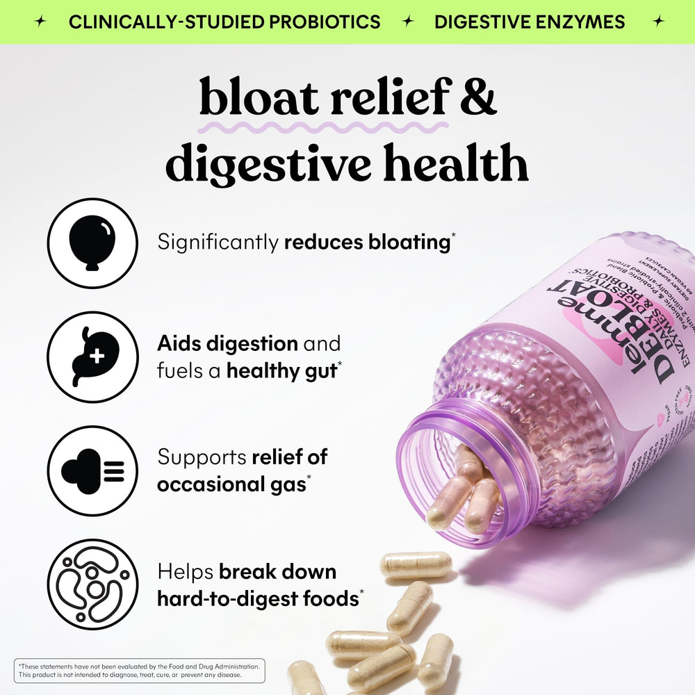 Lemme Debloat capsules close-up highlighting bloating relief.