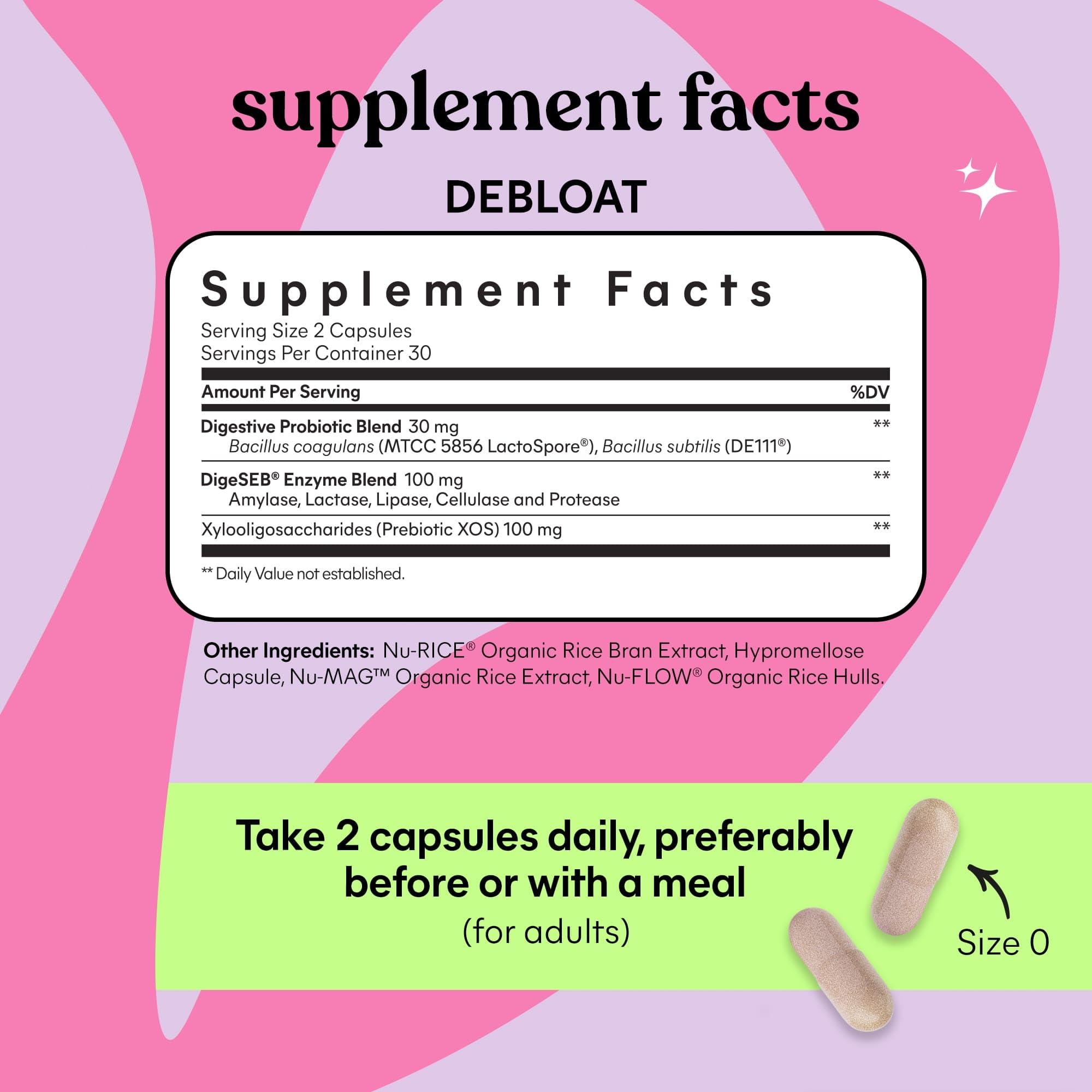 Lemme Debloat bottle and capsules on a counter offering convenient daily gut support.