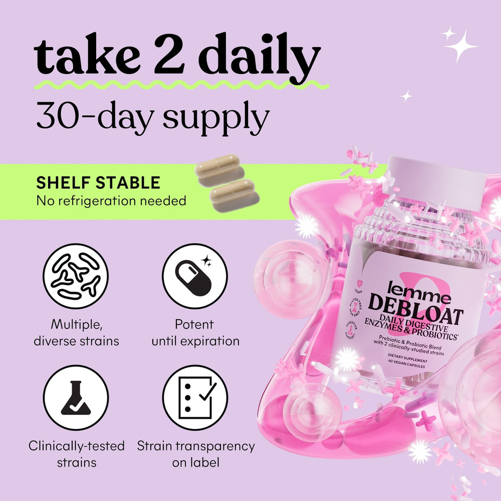 Lemme Debloat capsules close-up showcasing digestive enzymes for easier digestion.