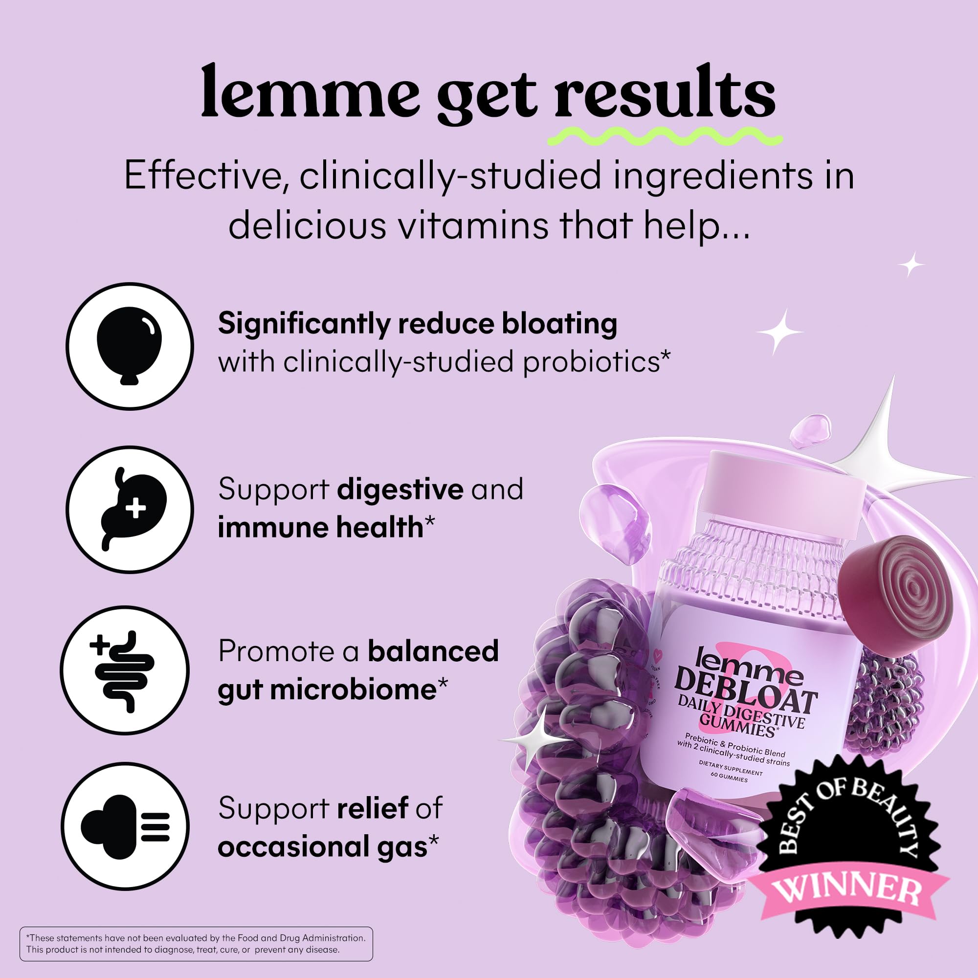 Lemme Debloat gummies close-up highlighting blackberry flavor and texture
