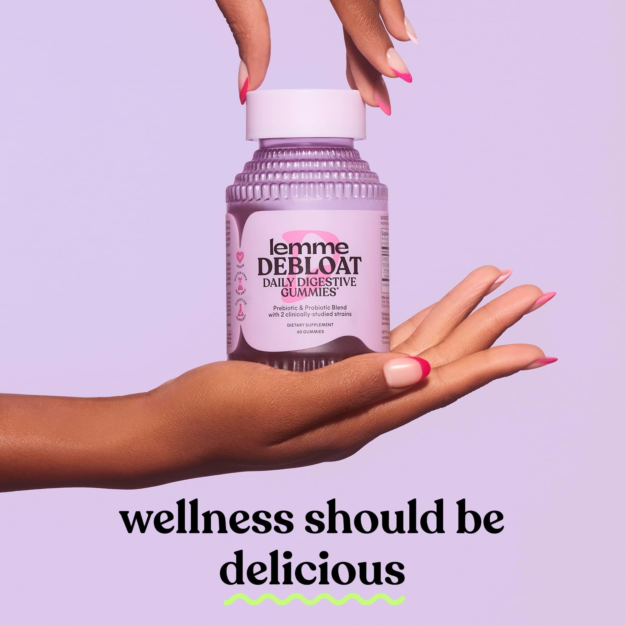 Lemme Debloat label vegetarian gluten-free communicates product suitability.