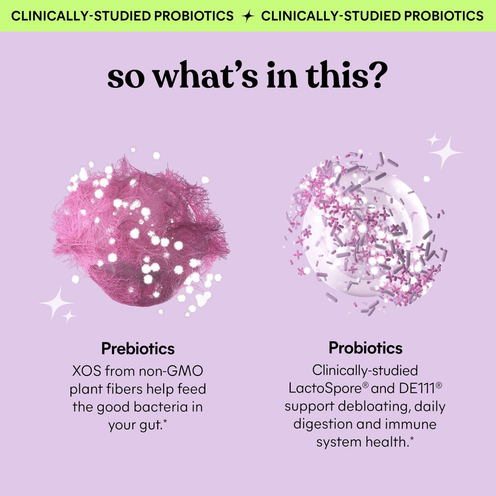 Lemme Debloat probiotics visual highlights LactoSpore and DE111.