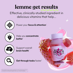 Lemme Focus gummy closeup highlights strawberry flavor and brain-supportive ingredients.