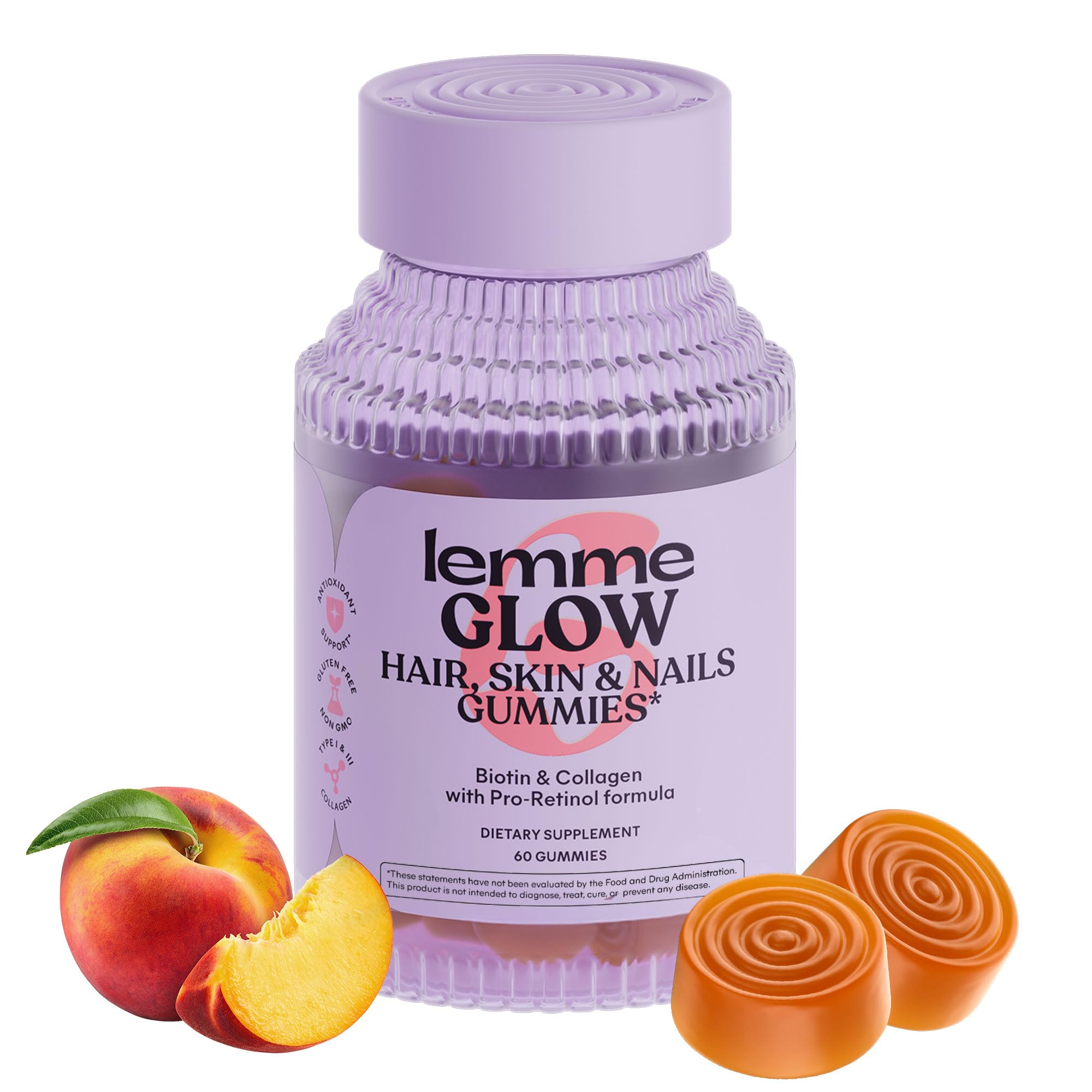 Lemme Glow peach-flavored collagen gummies in a bottle for hair, skin, and nails.