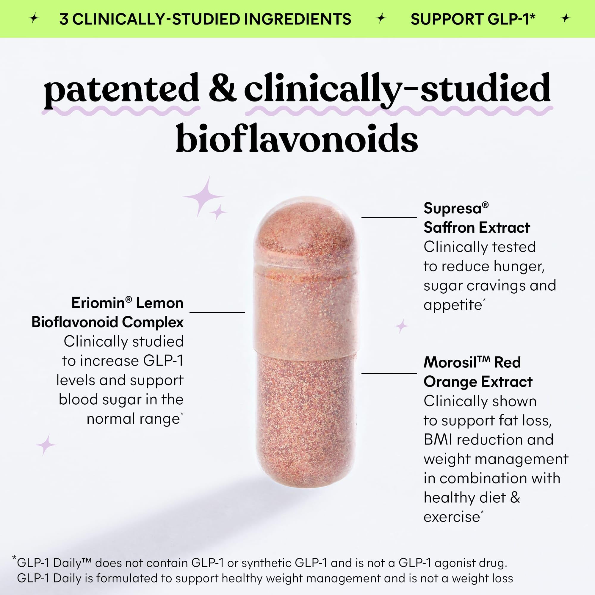 Lemme GLP-1 Daily capsules close-up highlighting saffron and citrus ingredients.