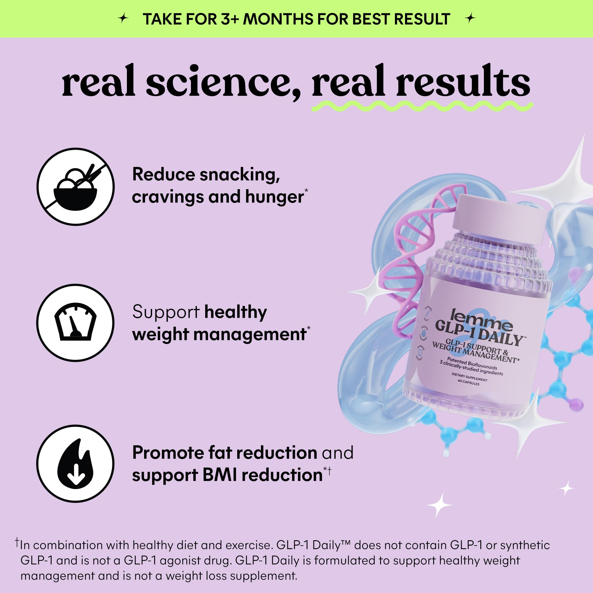 Lemme GLP-1 Daily label highlights patented ingredients and clean formulation.