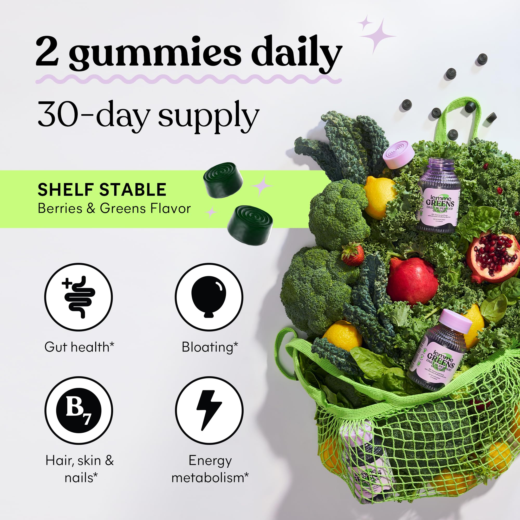 Lemme Greens digestive health graphic hints at bloating relief and balanced gut flora.