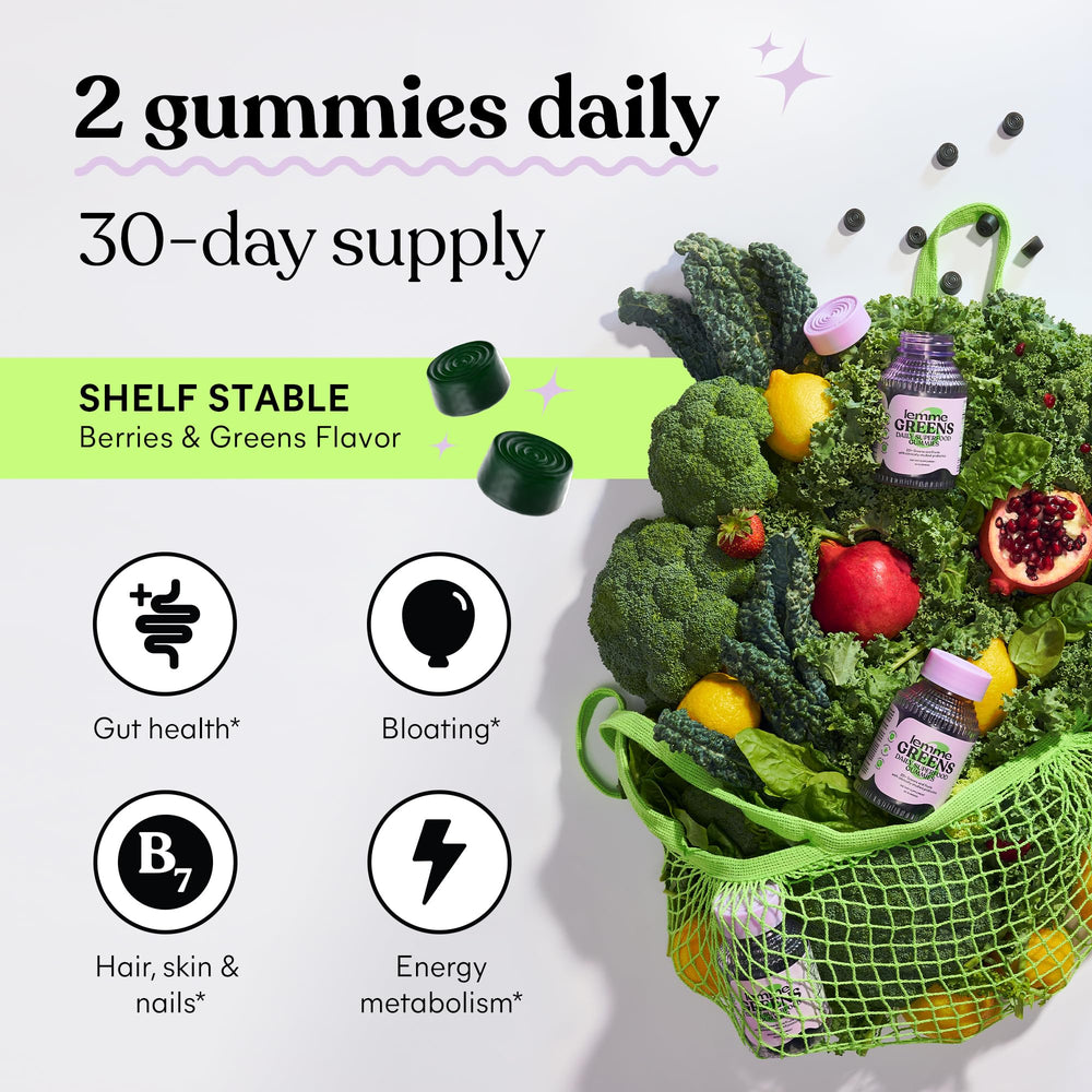 Lemme Greens digestive health graphic hints at bloating relief and balanced gut flora.