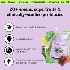 Lemme Greens gummies berry close-up highlights tasty texture and potential digestive support.