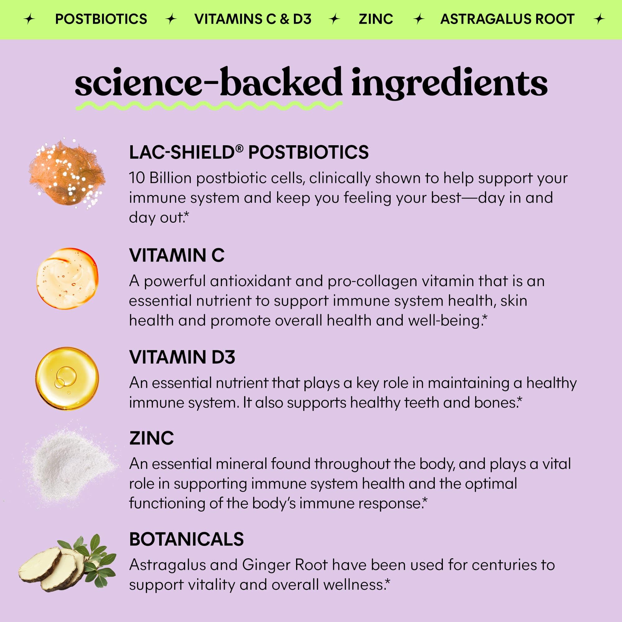 Lemme Immunity Postbiotic Gummies ingredients label highlights Vitamin C, D3, Zinc.