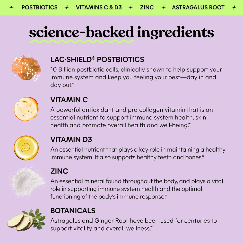 Lemme Immunity Postbiotic Gummies ingredients label highlights Vitamin C, D3, Zinc.
