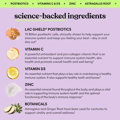 Lemme Immunity Postbiotic Gummies ingredients label highlights Vitamin C, D3, Zinc.